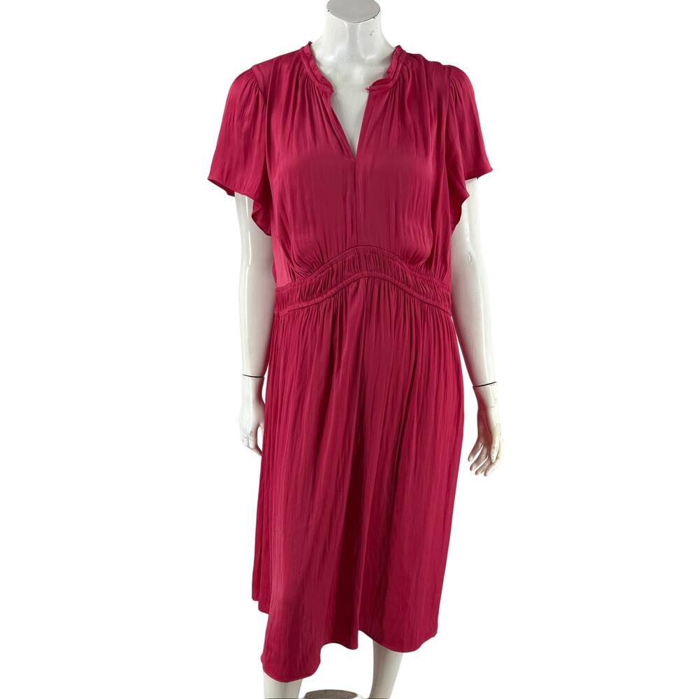 Lane Bryant Satin Dress Plus Size 18 Fuchsia Pink Shirred Mid Calf Midi Pockets